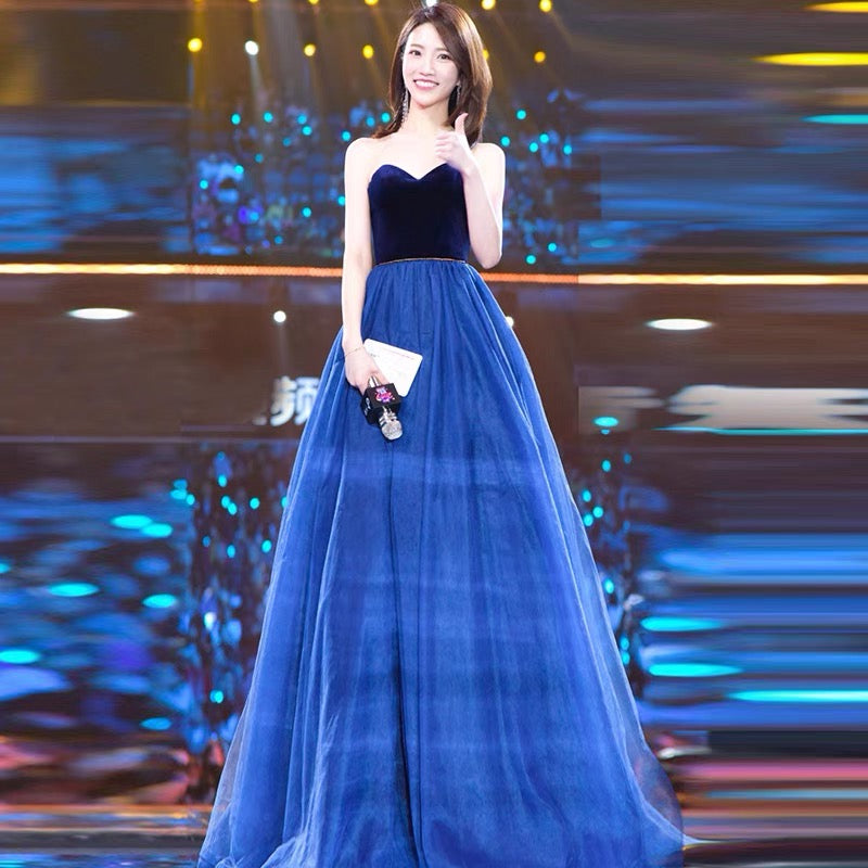 Blue velvet tulle long prom dress evening gown  10119