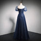 Blue tulle long A line prom dress blue evening dress  10018