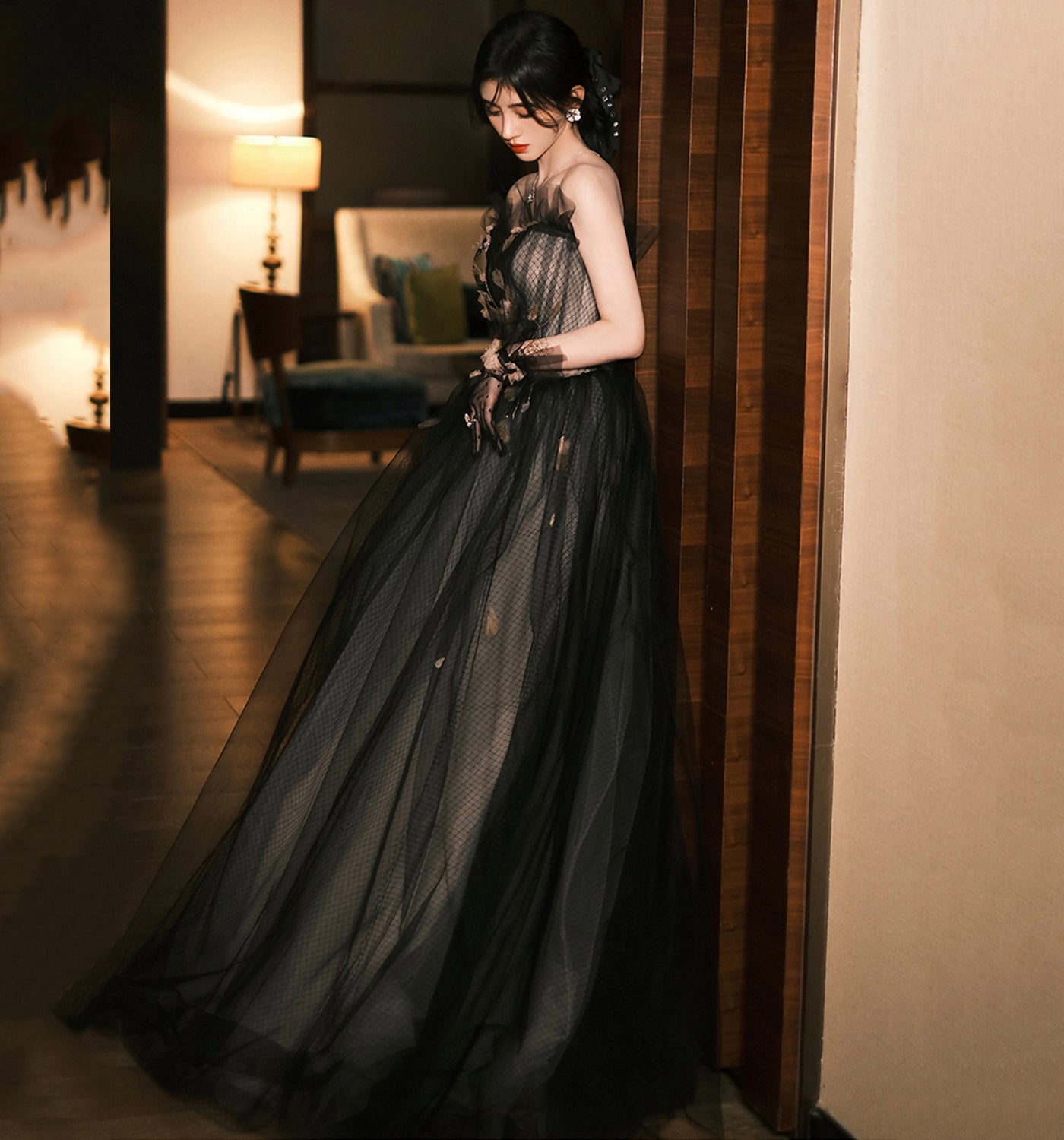 Black tulle long ball gown dress A line evening gown  10133