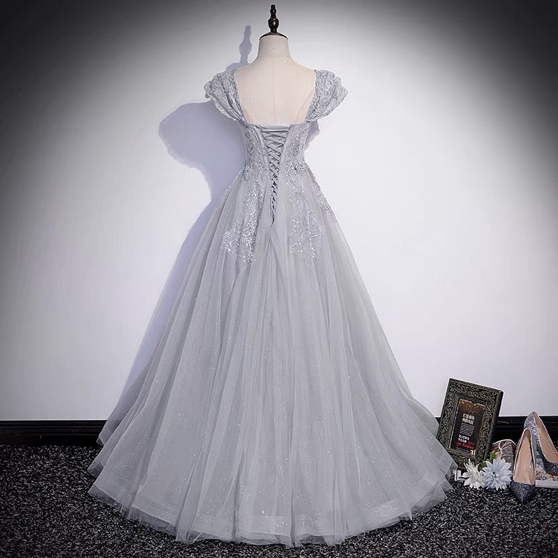 Gray tulle lace long prom dress A line evenig gown  10081