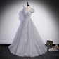 Gray tulle lace long prom dress A line evenig gown  10081