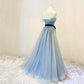 Blue tulle sequins long prom dress blue evening gown  10045