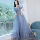 Blue tulle sequins long prom dress A line evening gown  10013