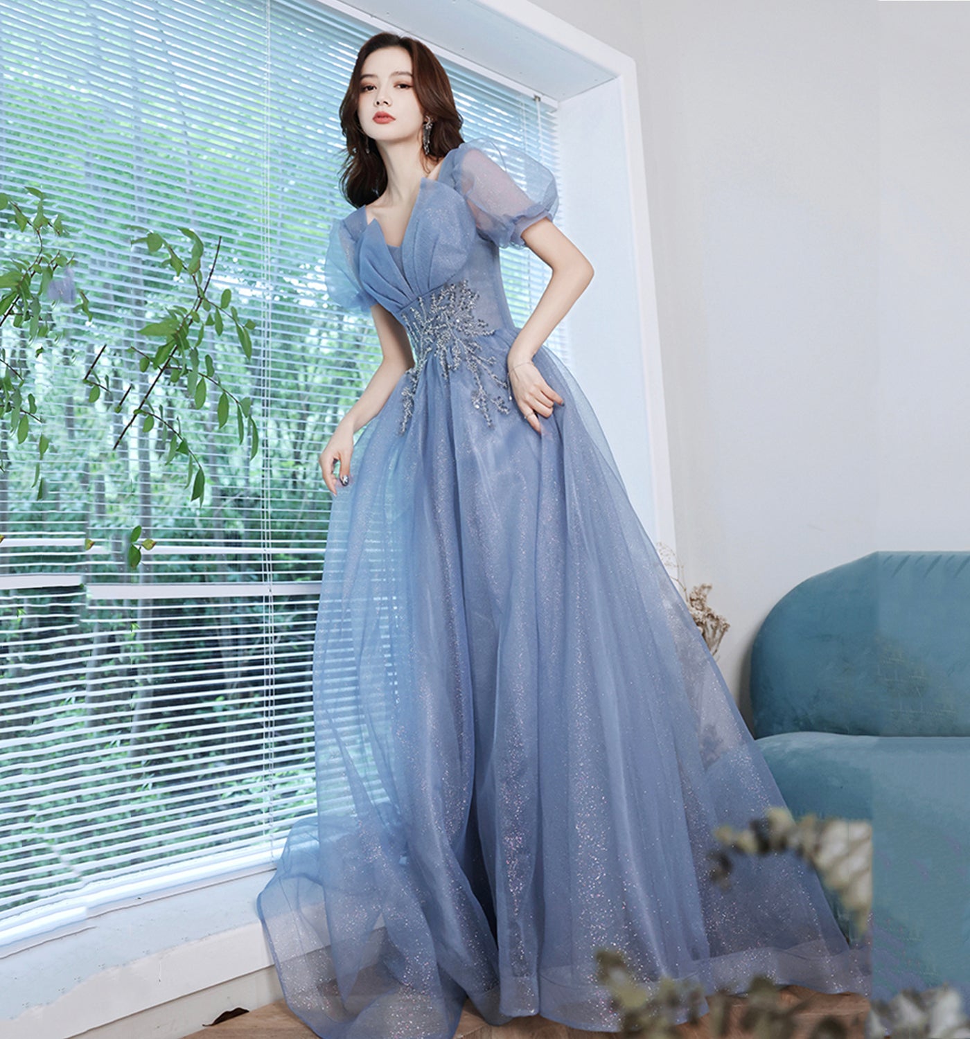 Blue tulle sequins long prom dress A line evening gown  10013