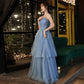 Blue tulle long A line prom dress blue evening dress  8992