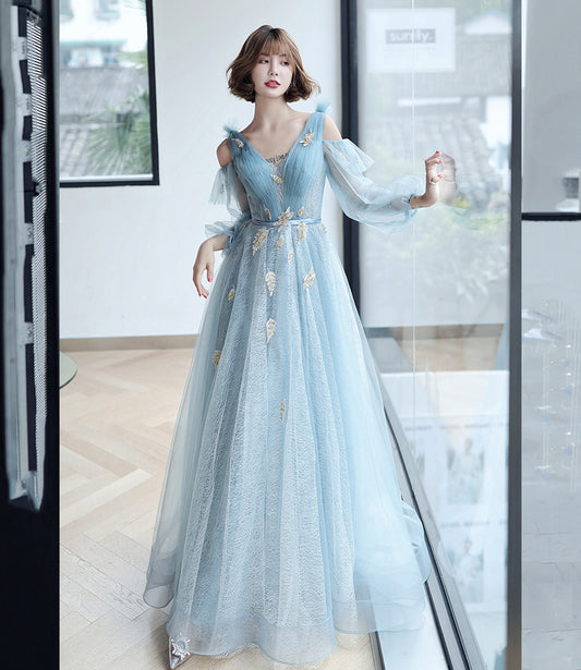 Blue tulle lace long A line prom dress evening dress  8827