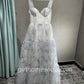 Blue white beautiful charming floral print sweetheart neckline A-line long chiffon ball gown evening dress wedding holiday party dress gh1790