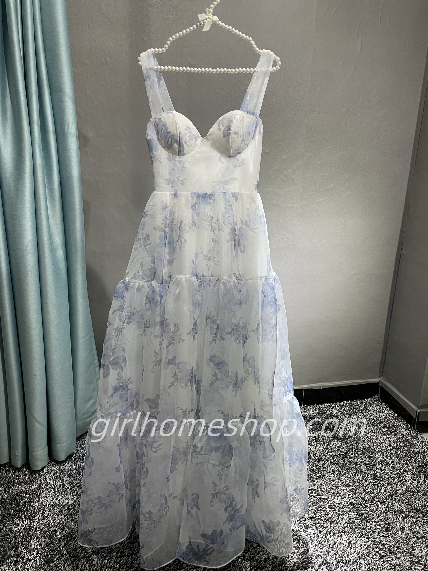 Blue white beautiful charming floral print sweetheart neckline A-line long chiffon ball gown evening dress wedding holiday party dress gh1790