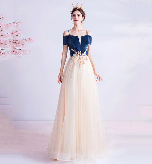 Blue velvet tulle long prom dress evening dress  8447