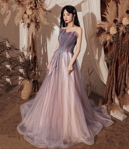 Purple tulle sequins long prom dress evening dress  10648