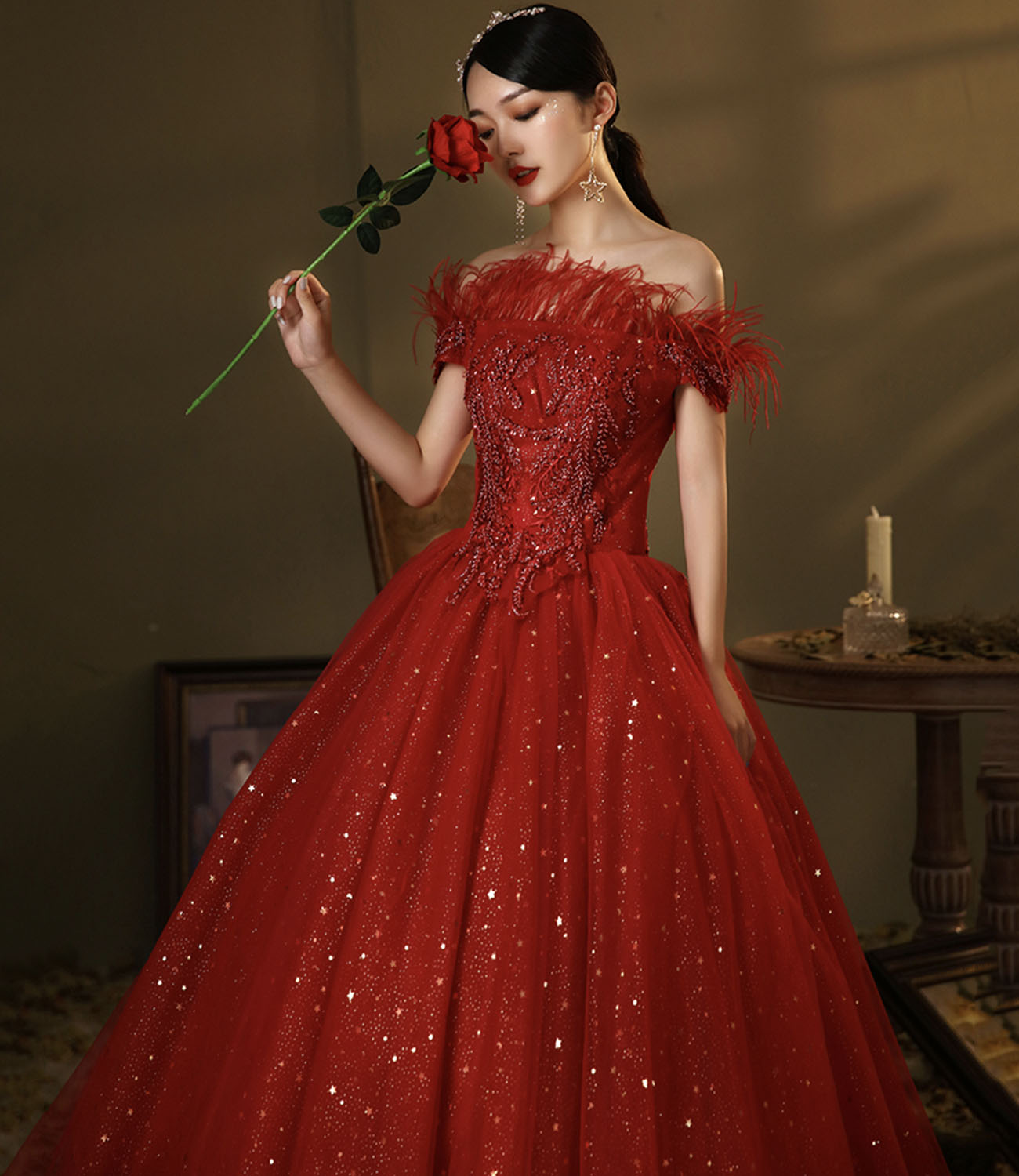 Red tulle sequins long ball gown dress A line evening dress  10324