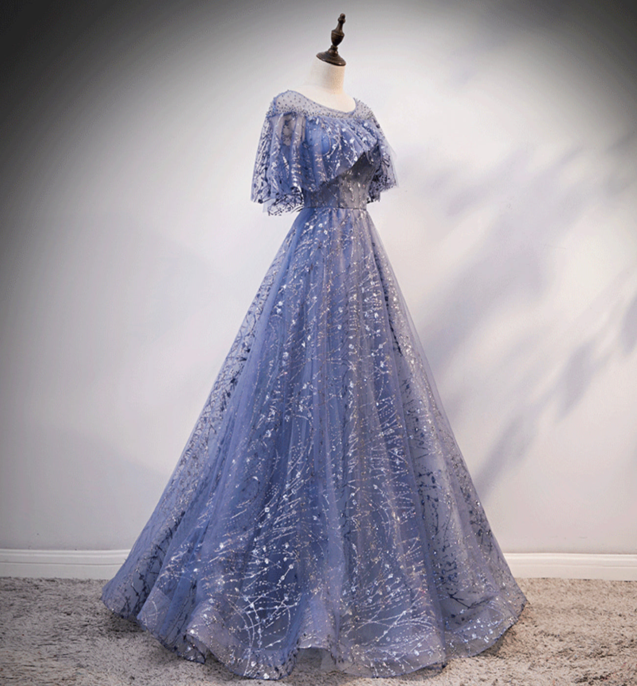 Blue tulle sequins long ball gown dress evening dress  8619