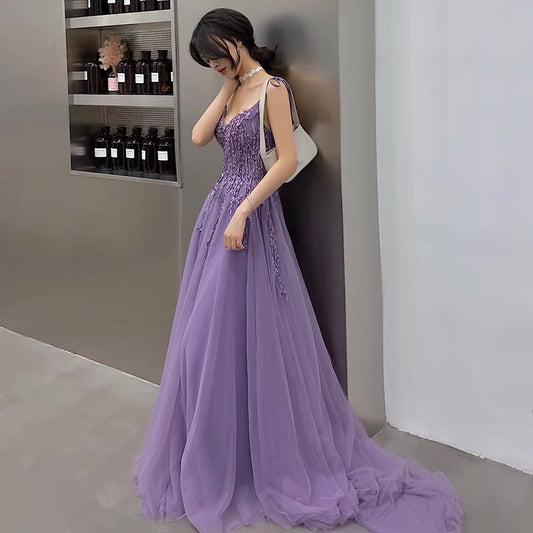 Lila Tüll Spitze langes Ballkleid A-Linie Abendkleid 10127