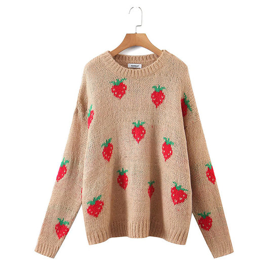 Strawberry jacquard mohair sweater loose round neck top  7743