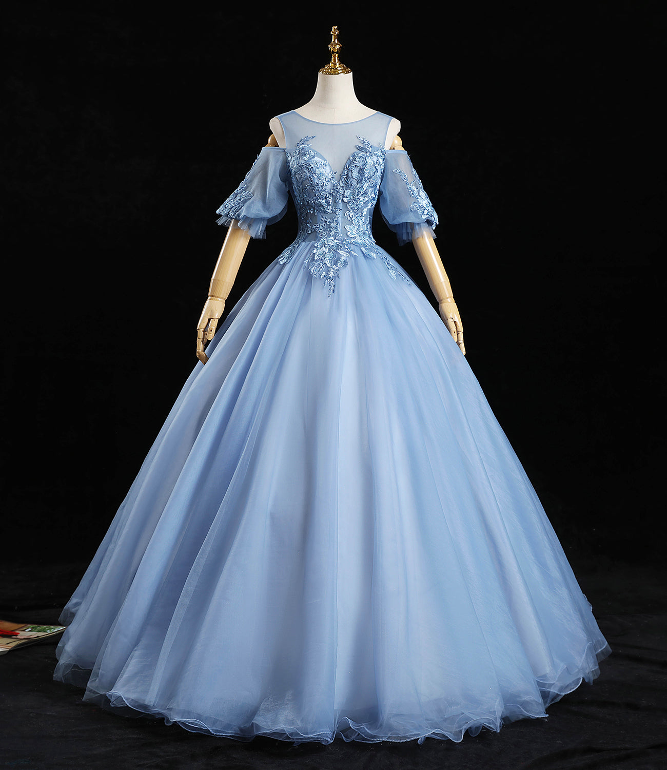 Langes Ballkleid aus blauer Tüllspitze Abendkleid in A-Linie 10457