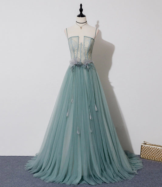 Robe de soirée longue en tulle vert et dentelle 10557