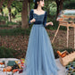 Blue velvet tulle long prom dress blue evening dress  8533