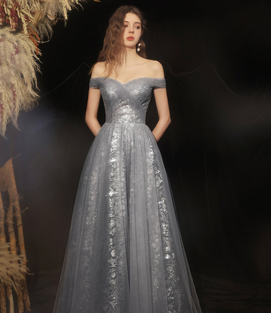 Grey long A line prom dress off shoulder evening dress  8592