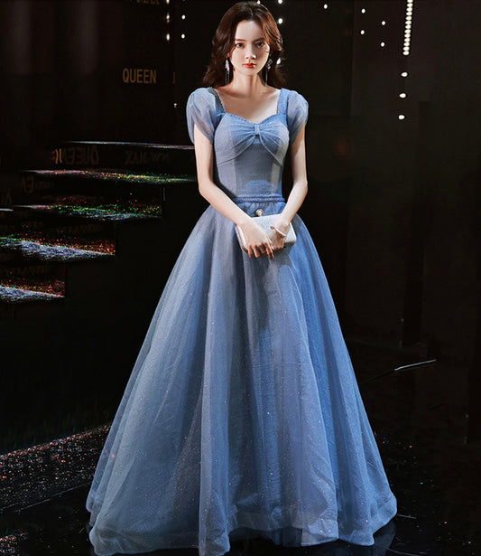 Robe de bal longue en tulle bleu robe de soirée bleue 10292