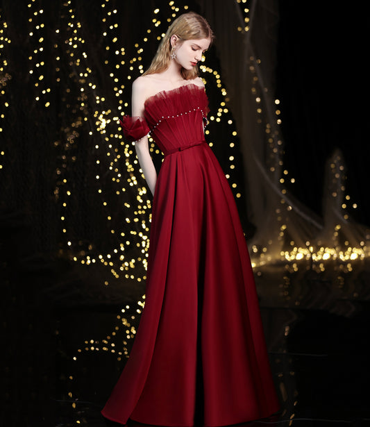 Burgundy satin long A line prom dress evening dress  8774