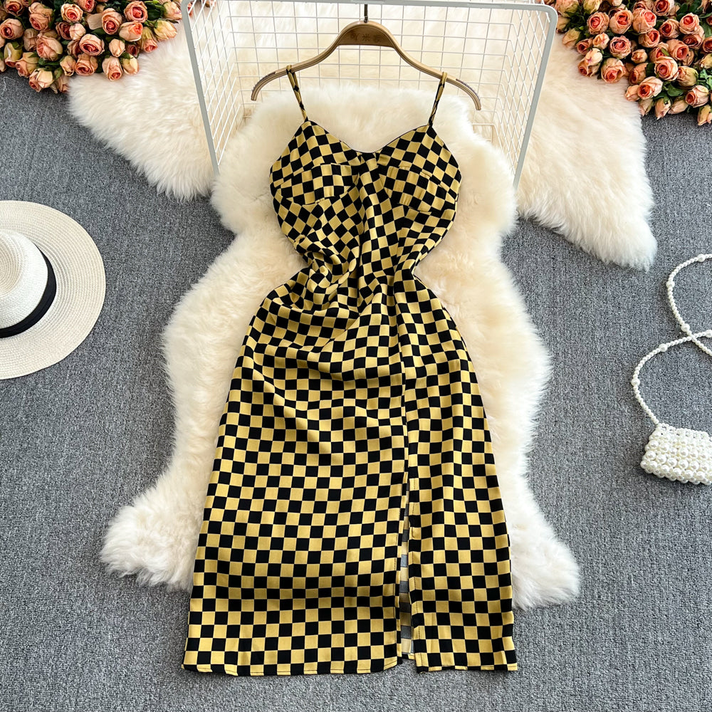 Fashion sleeveless backless split V-neck checkerboard dress  11126