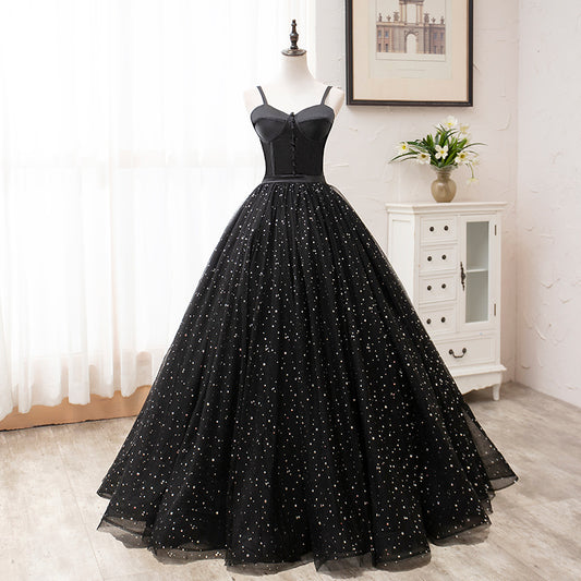 Black tulle long prom gown black evening dress  8456