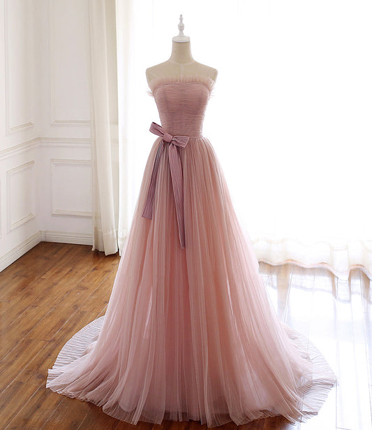 Pink tulle long prom dress pink evening dress  8584