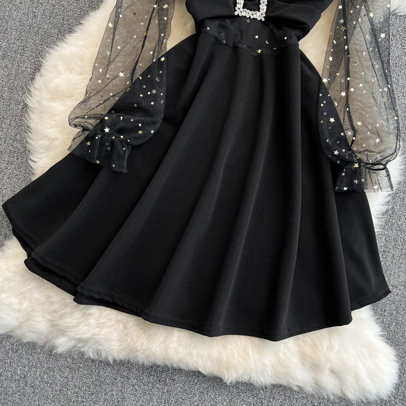 Black V Neck Short Dress A Line Fashion Dress  10832