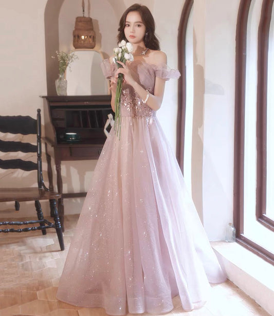 Pink tulle sequins long prom dress pink evening dress  10452