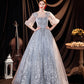 Gray tulle lace long prom dress A line evening gown  10508