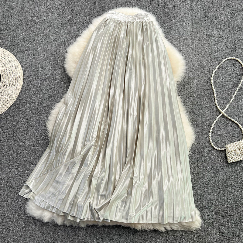 Versatile acetate SATIN HIGH WAIST slim pleated skirt  11296