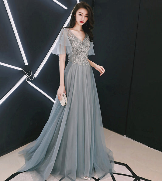 Grey tulle lace long prom dress lace evening dress  8532