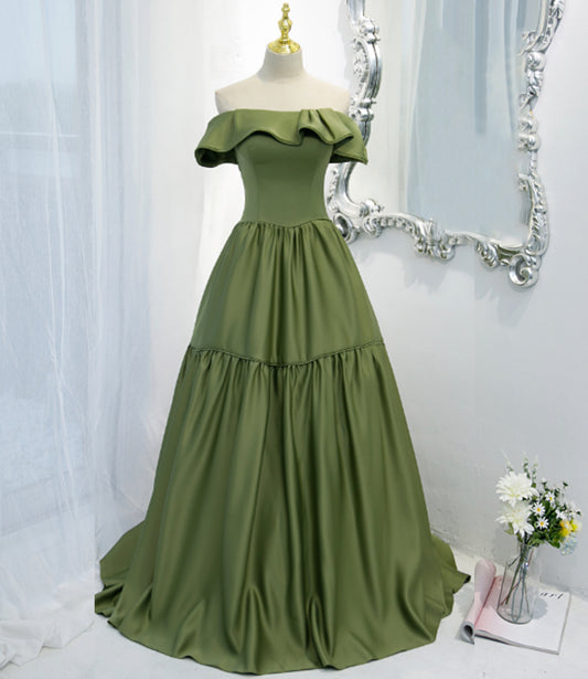 Green satin long A line prom dress green evening dress  8819