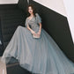 Grey tulle lace long prom dress lace evening dress  8532