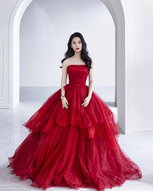 Red tulle long A line prom dress red evening dress  8902