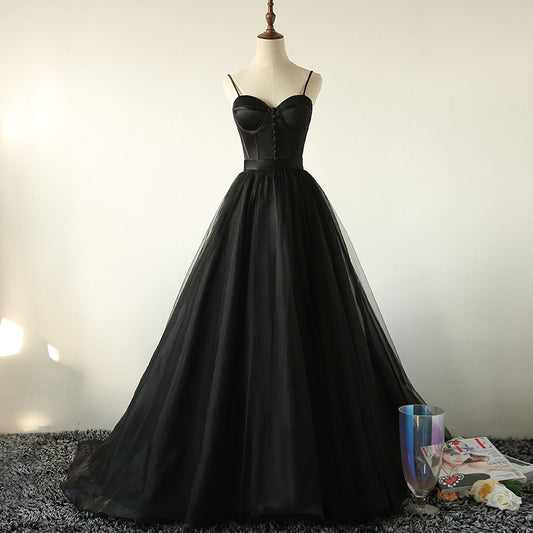 Black tulle long A line prom dress black evening dress  8803