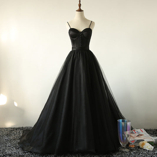 Schwarzes Tüll langes A-Linie Ballkleid schwarzes Abendkleid 8803