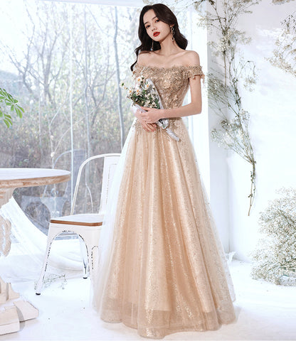 Champagne tulle lace long prom dress A line evening gown  10381