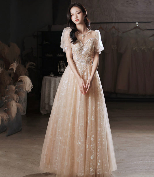 Champagne tulle sequins long prom dress evening dress  10325