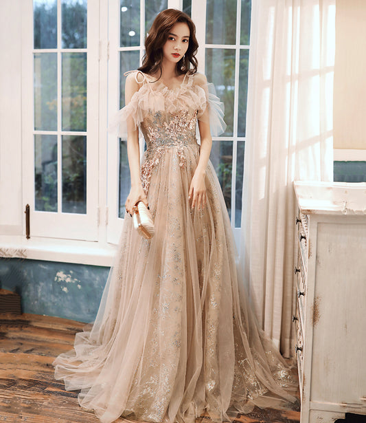 Champagne tulle sequins long prom dress evening dress  10390