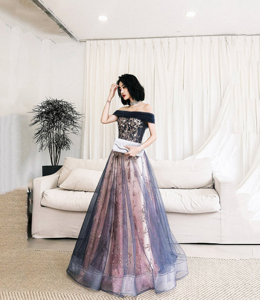 Robe de soirée longue en tulle bleu à paillettes 10297