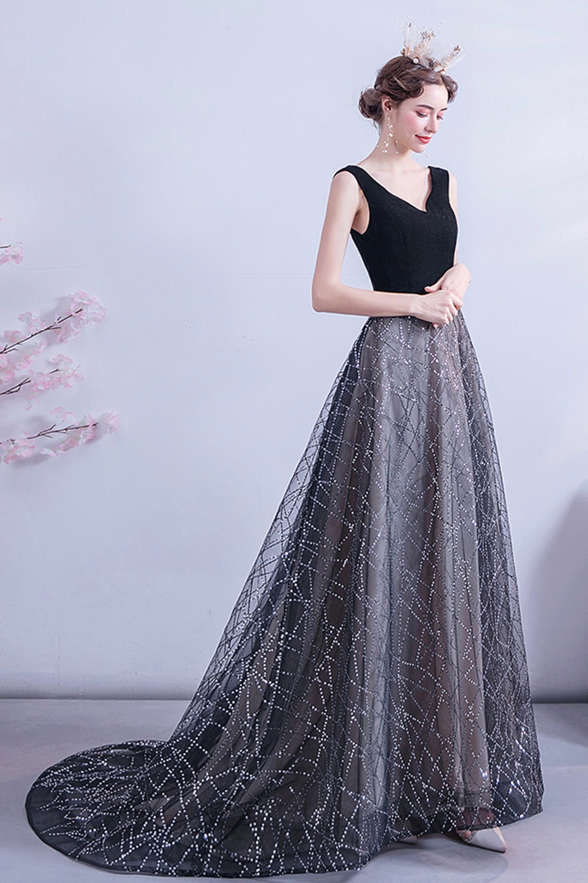 Black tulle sequins long A line prom dress evening dress  8731