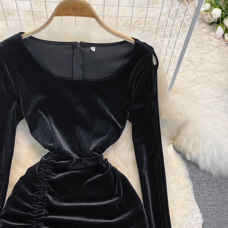 Black Velvet Long Sleeve Dress Sexy Dress  10948