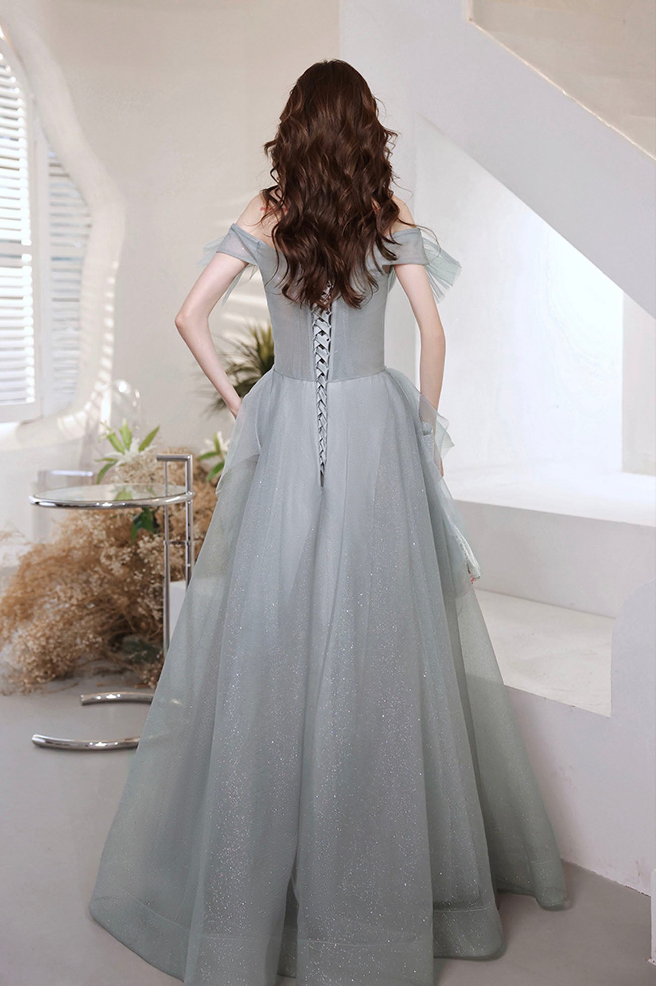 Robe de soirée longue en tulle gris à paillettes Robe de soirée trapèze 10646