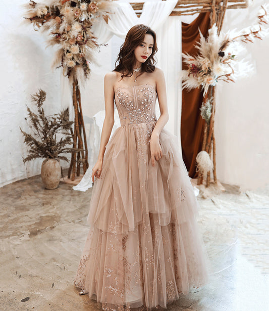 Cute tulle sequins long prom dress A line evening gown  10486