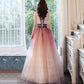 Pink v neck tulle long prom dress evening dress  8606