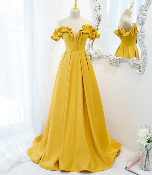 Yellow satin long A line prom dress evening dress  8812