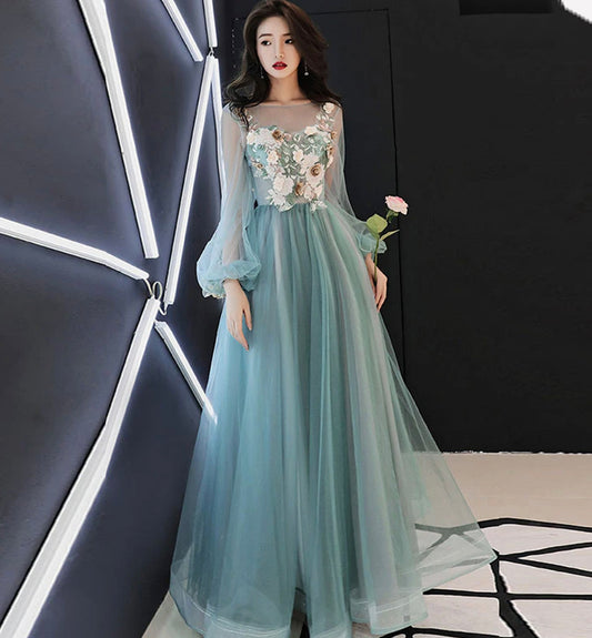 Green lace applique prom dress A line evening dress  8476