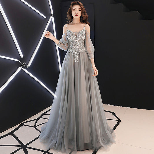 Gray lace tulle long prom dress, long sleeve evening dress  8081