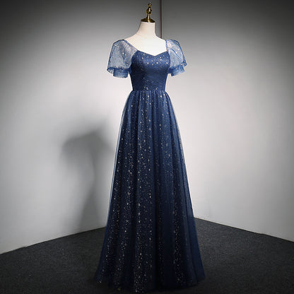 Blue tulle long A line prom dress blue evening dress  10018